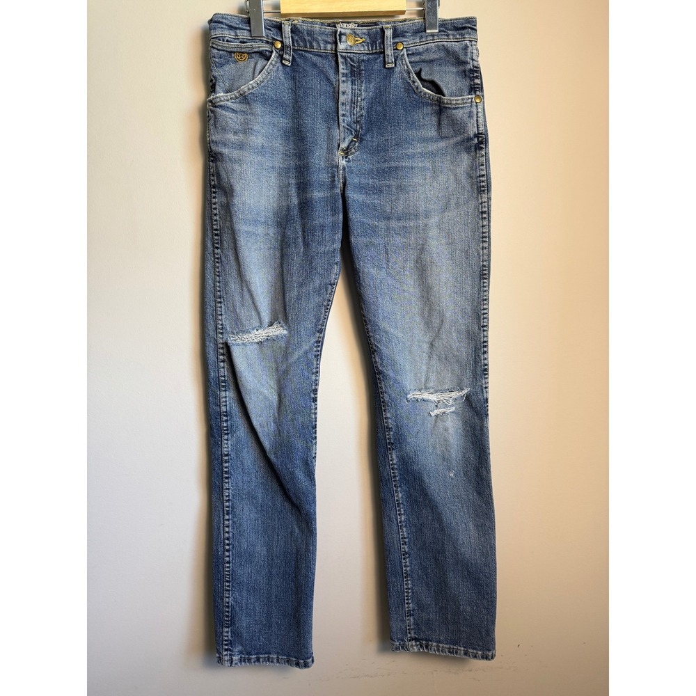 Wrangler Mens Blue Distressed George Strait Jeans 32x34 Western Cowboy Workwear